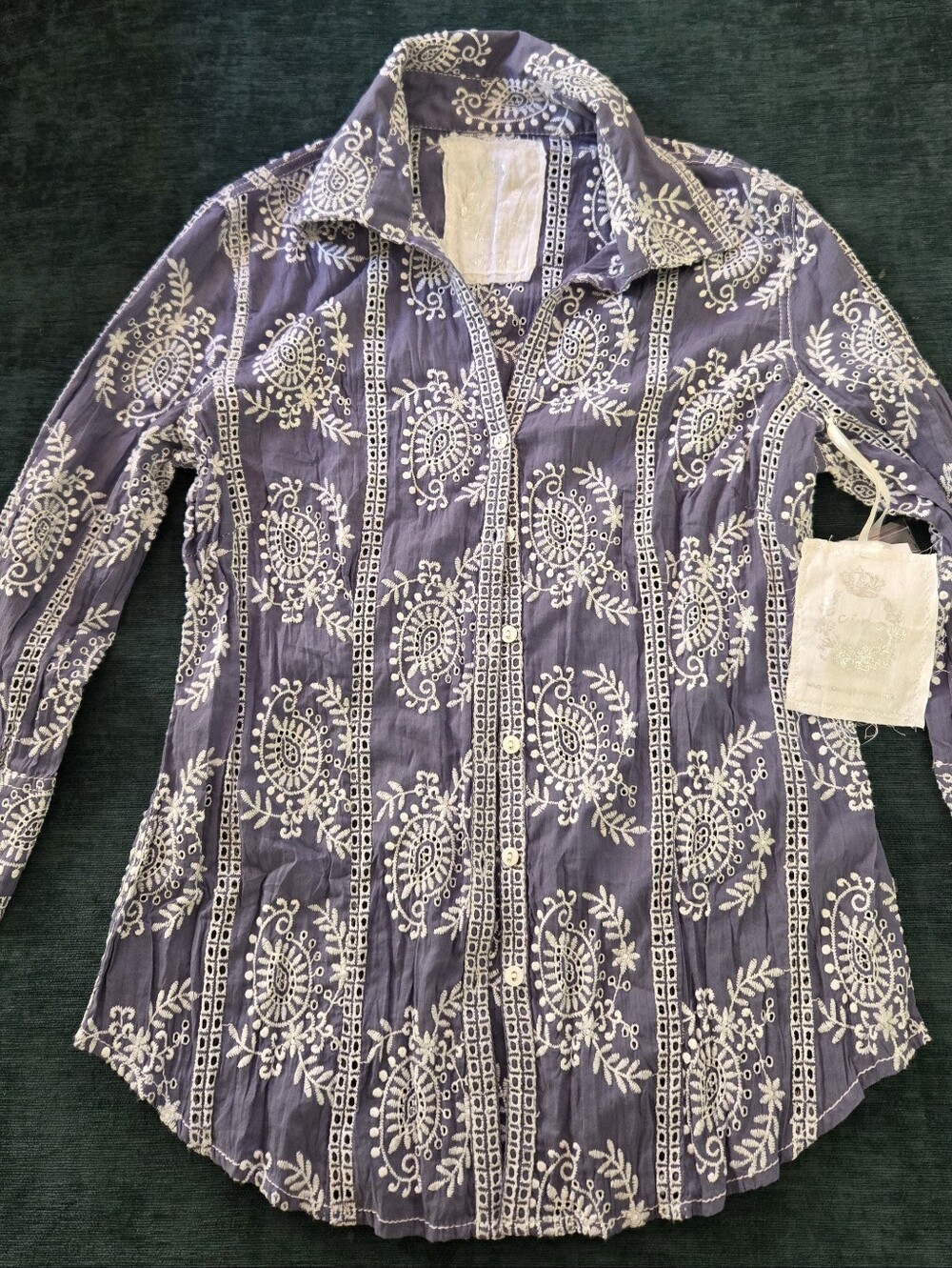 Cino Heirloom Paisley Dusk Embroided Eyelet Button Down Shirt